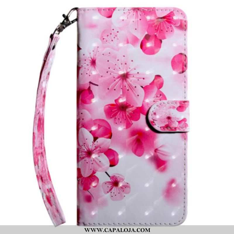 Capa De Couro Para Samsung Galaxy A14 / A14 5G De Cordão Flores Cor-de-rosa Com Tiras