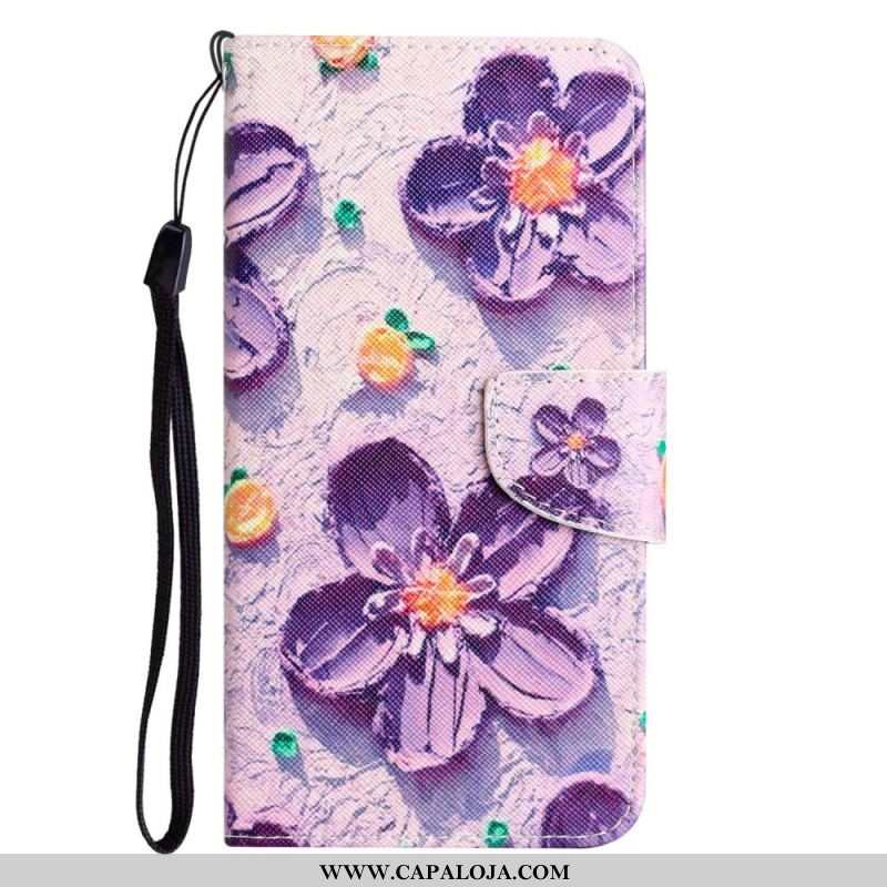 Capa De Couro Para Samsung Galaxy A14 / A14 5G De Cordão Flores De Alça