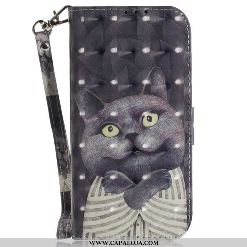 Capa De Couro Para Samsung Galaxy A14 / A14 5G De Cordão Gato Tanga