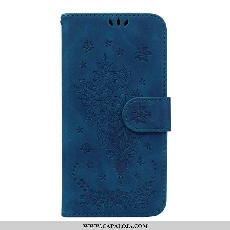 Capa De Couro Para Samsung Galaxy A14 / A14 5G De Cordão Strappy Rosas E Borboletas