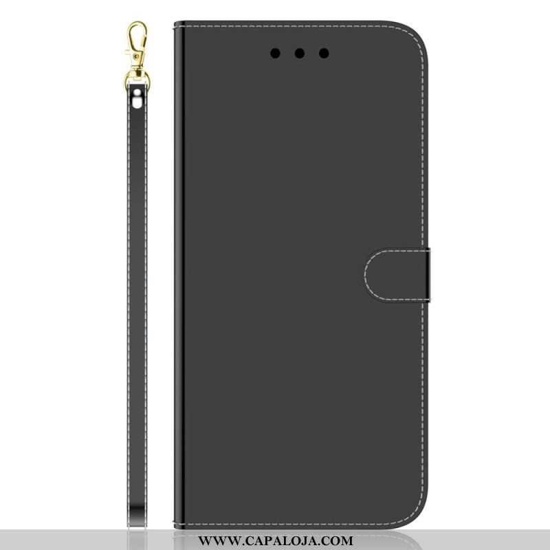 Capa De Couro Para Samsung Galaxy A14 / A14 5G Espelho E Cordão