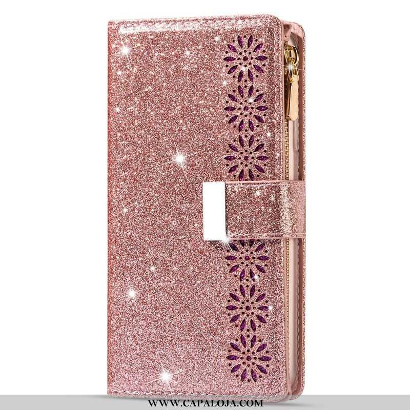 Capa De Couro Para Samsung Galaxy A42 5G Capa Tipo Carteira Carteira Com Zíper De Lantejoulas