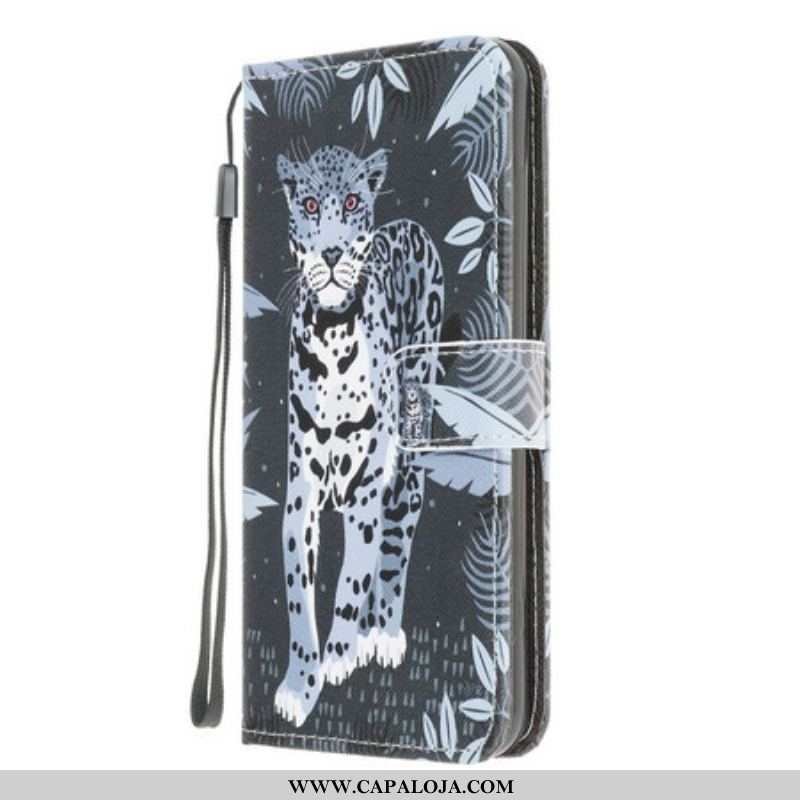 Capa De Couro Para Samsung Galaxy A42 5G De Cordão Leopardo Strappy