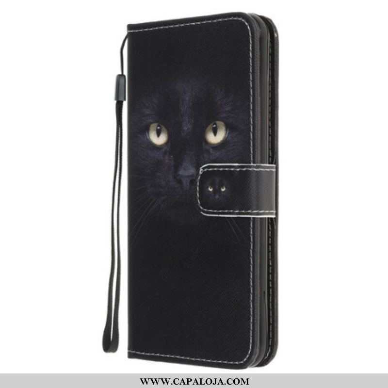 Capa De Couro Para Samsung Galaxy A52 4G / A52 5G / A52s 5G De Cordão Olhos De Gato Preto Com Tiras