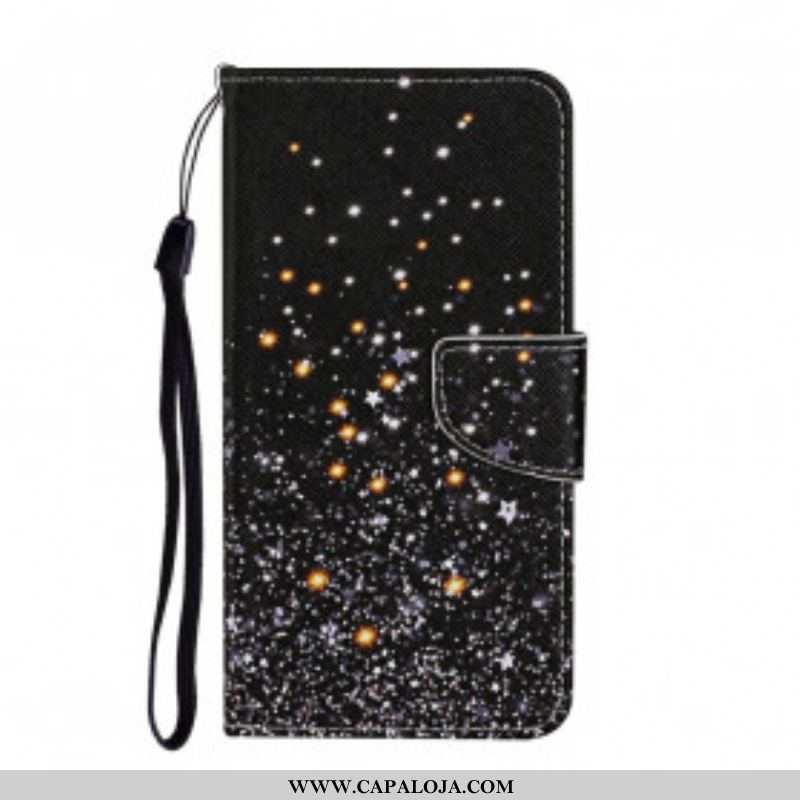 Capa De Couro Para Samsung Galaxy A52 4G / A52 5G / A52s 5G Estrelas E Lantejoulas Com Cordão