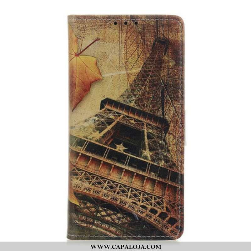 Capa De Couro Para Samsung Galaxy A52 4G / A52 5G / A52s 5G Torre Eiffel No Outono