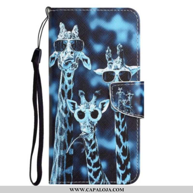 Capa De Couro Para Samsung Galaxy A53 5G De Cordão Girafas Anônimas Em Cordão