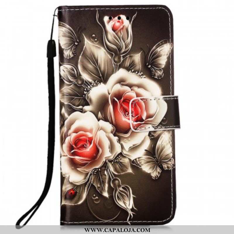 Capa De Couro Para Samsung Galaxy A53 5G Rosas Douradas