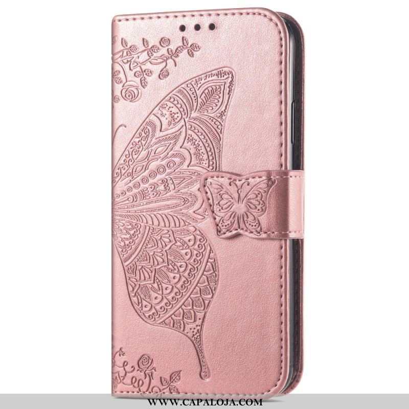 Capa De Couro Para Samsung Galaxy A54 5G Borboleta Barroca