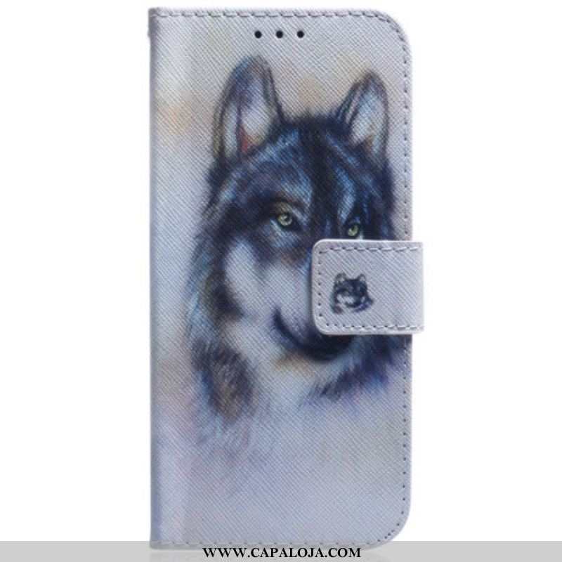 Capa De Couro Para Samsung Galaxy A54 5G De Cordão Strappy Aquarela Lobo