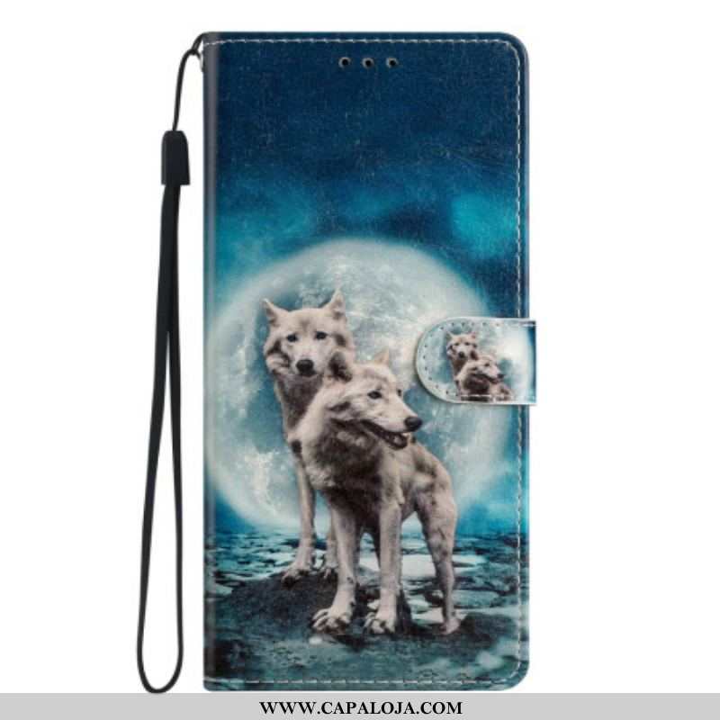 Capa De Couro Para Samsung Galaxy A54 5G Lobo Sob A Lua Com Cordão