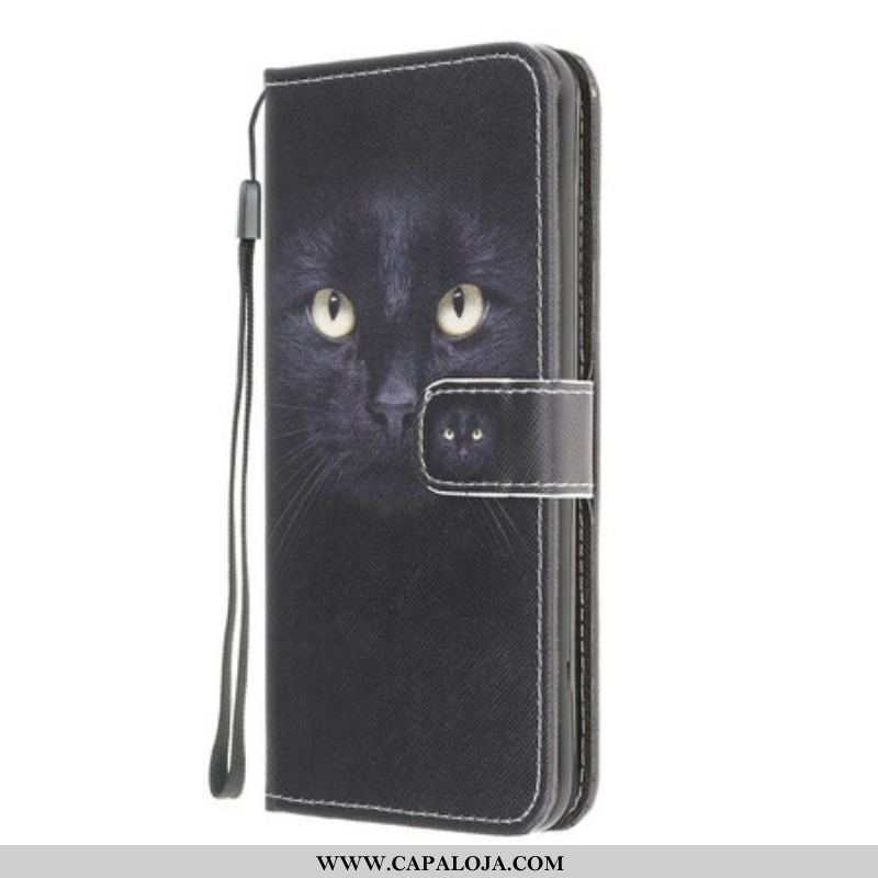 Capa De Couro Para Samsung Galaxy M12 / A12 De Cordão Olhos De Gato Preto Com Tiras