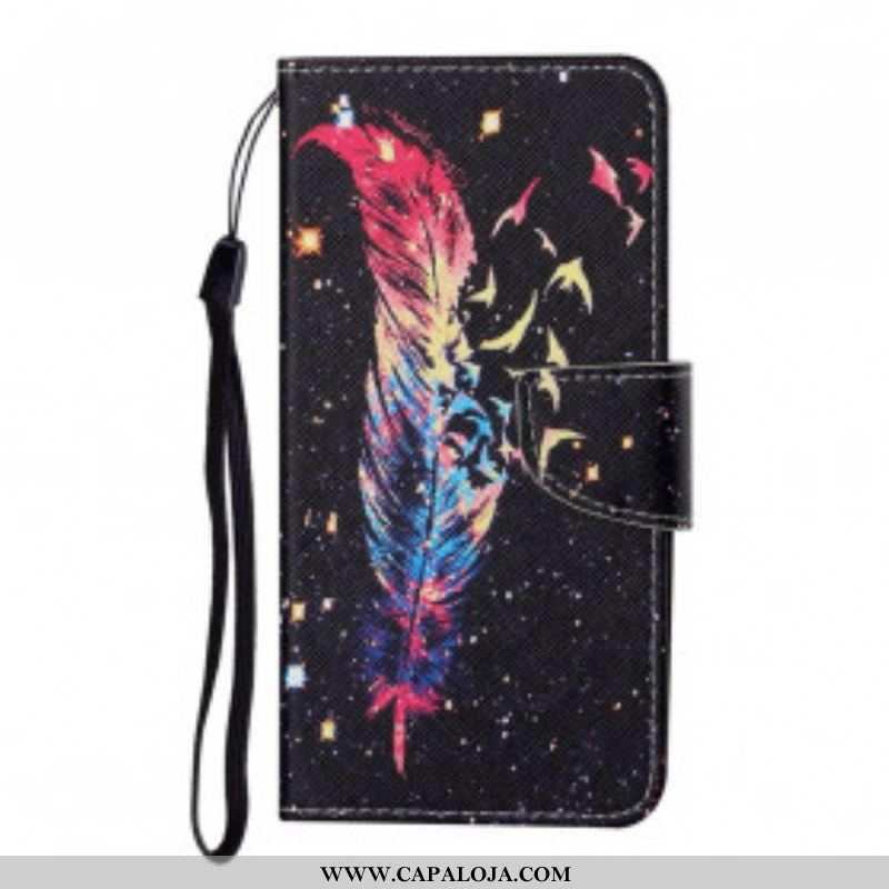 Capa De Couro Para Samsung Galaxy M12 / A12 De Cordão Pena Colorida Com Alça