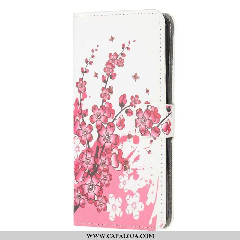 Capa De Couro Para Samsung Galaxy M12 / A12 Flores Tropicais