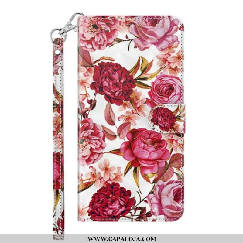 Capa De Couro Para Samsung Galaxy M12 / A12 Rosas Light Spot Com Cordão