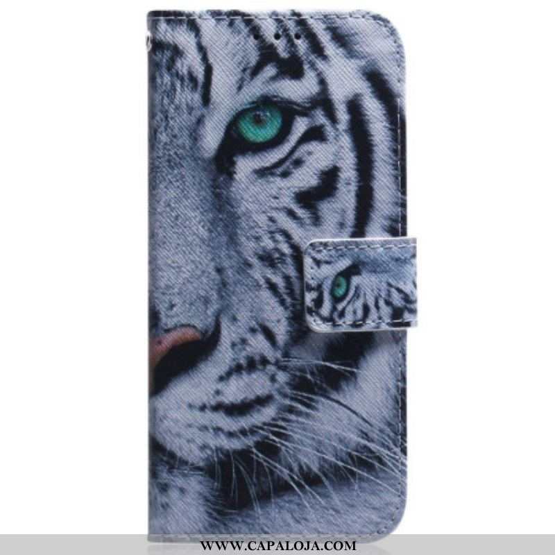 Capa De Couro Para Samsung Galaxy M13 De Cordão Tira Tigre Branco