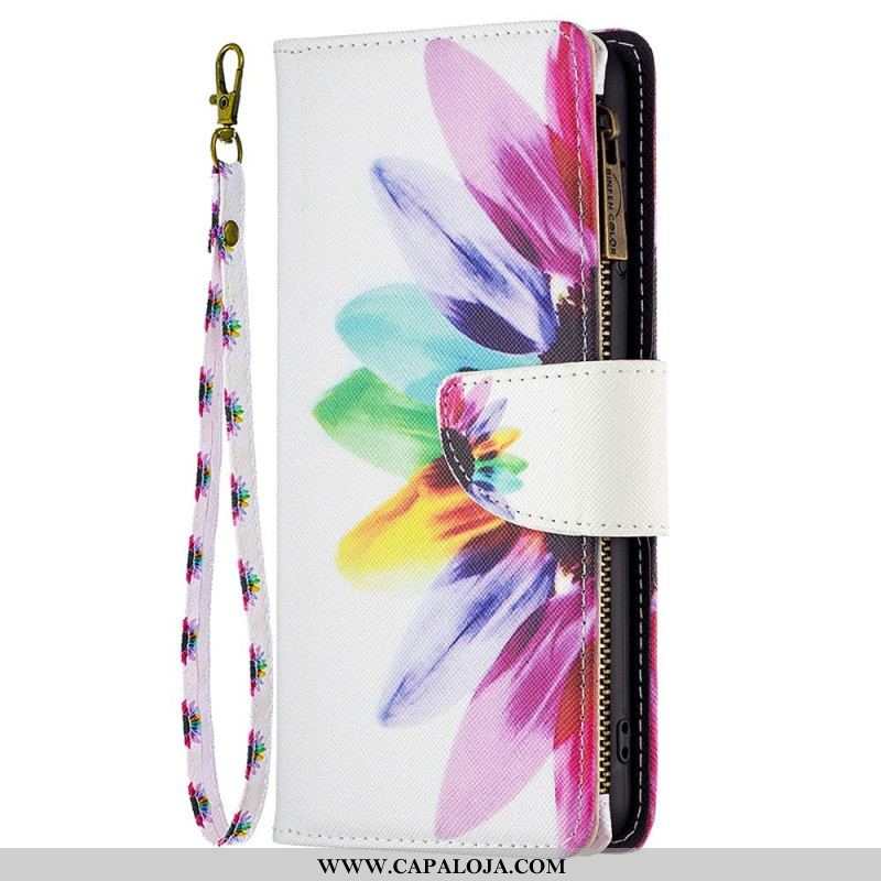 Capa De Couro Para Samsung Galaxy M23 5G Bolsa E Cordão Flor