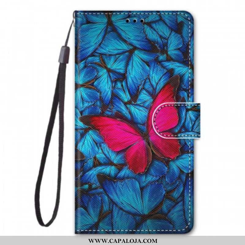 Capa De Couro Para Samsung Galaxy M23 5G Borboleta Vermelha Fundo Azul