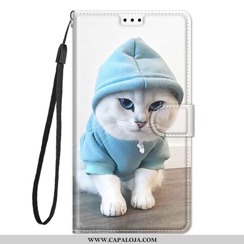 Capa De Couro Para Samsung Galaxy M23 5G De Cordão Ventilador De Gato Tanga