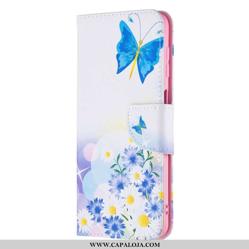 Capa De Couro Para Samsung Galaxy M32 Borboletas E Flores Pintadas