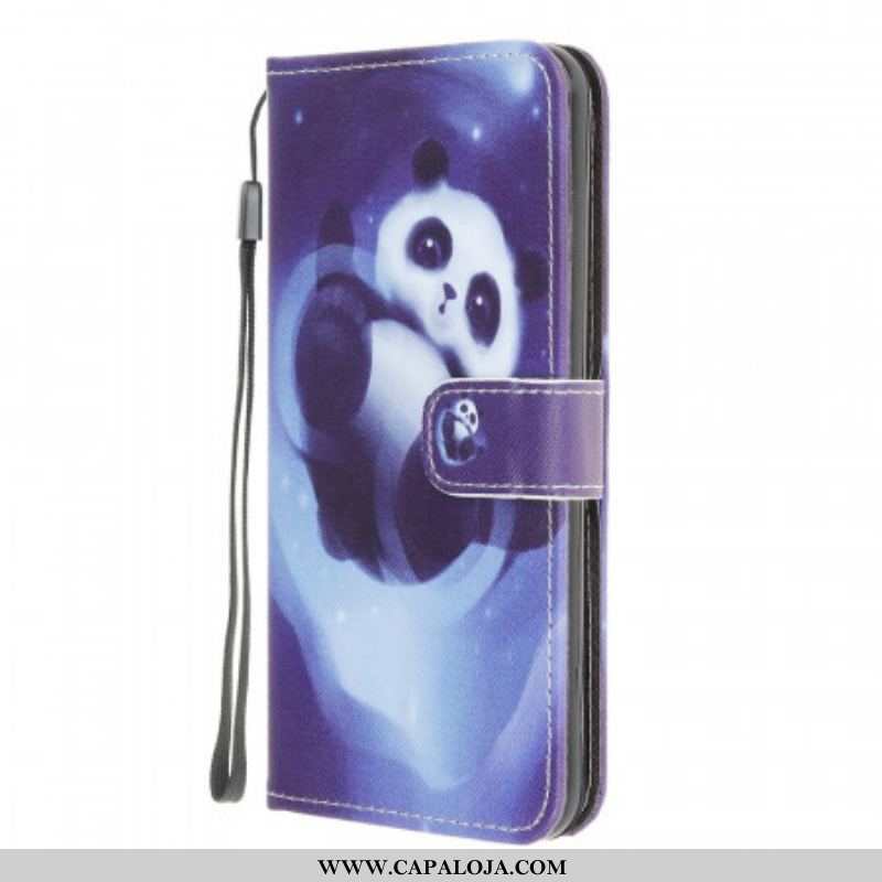 Capa De Couro Para Samsung Galaxy M32 De Cordão Espaço Panda Com Lanyard