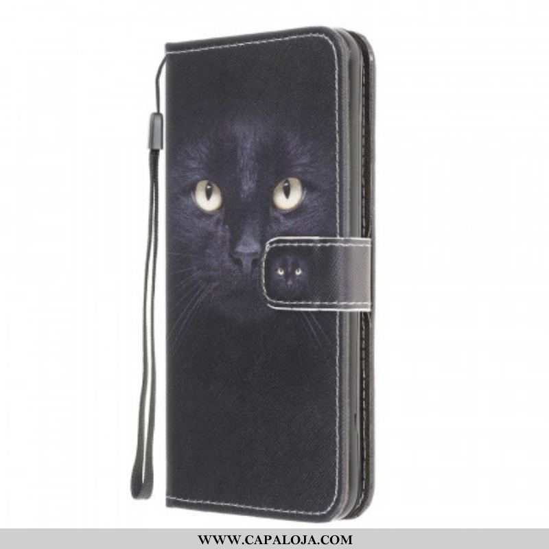 Capa De Couro Para Samsung Galaxy M32 De Cordão Olhos De Gato Preto Com Tiras