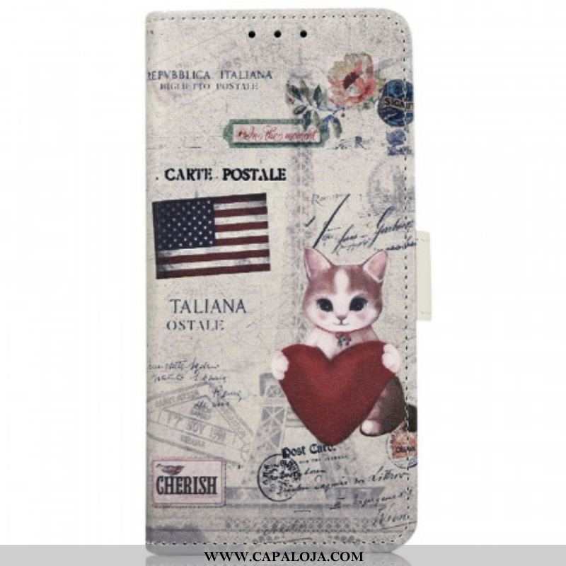 Capa De Couro Para Samsung Galaxy M33 5G Gato Viajante