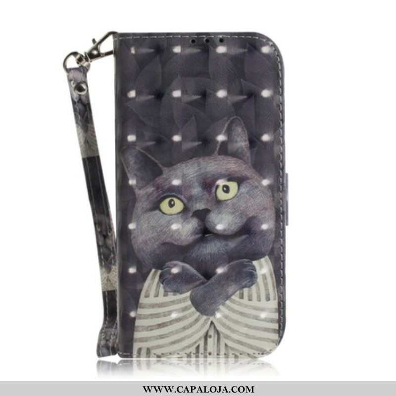 Capa De Couro Para Samsung Galaxy M51 De Cordão Gato Cinzento Com Alça