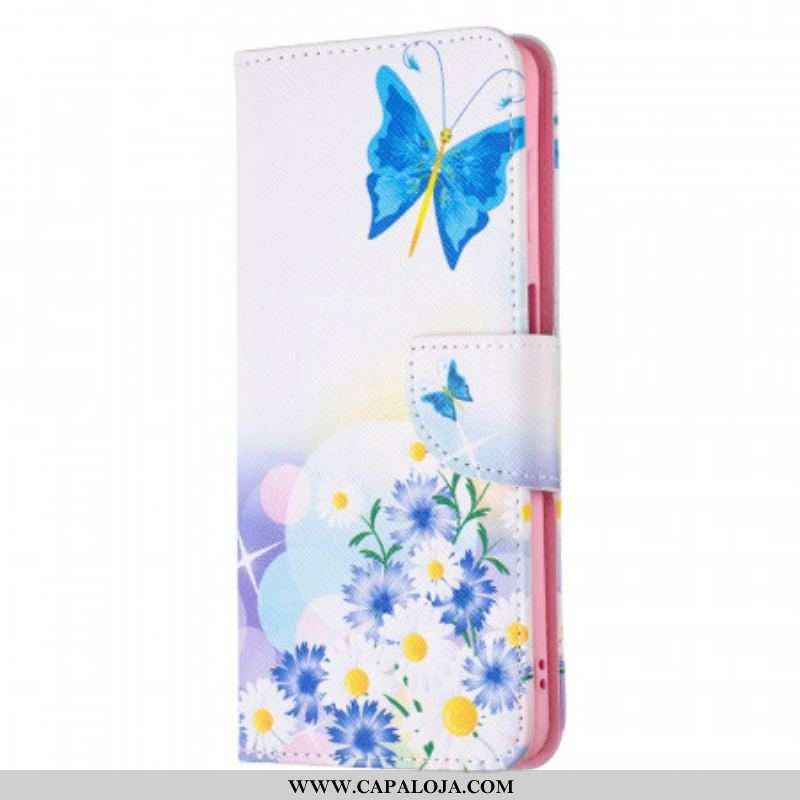 Capa De Couro Para Samsung Galaxy M52 5G Borboleta E Flores