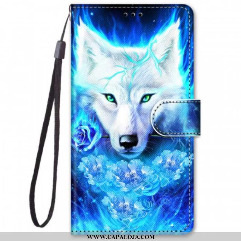 Capa De Couro Para Samsung Galaxy M52 5G Lobo Fluorescente