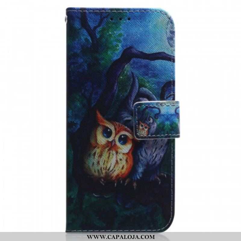 Capa De Couro Para Samsung Galaxy M53 5G Corujas Pintando