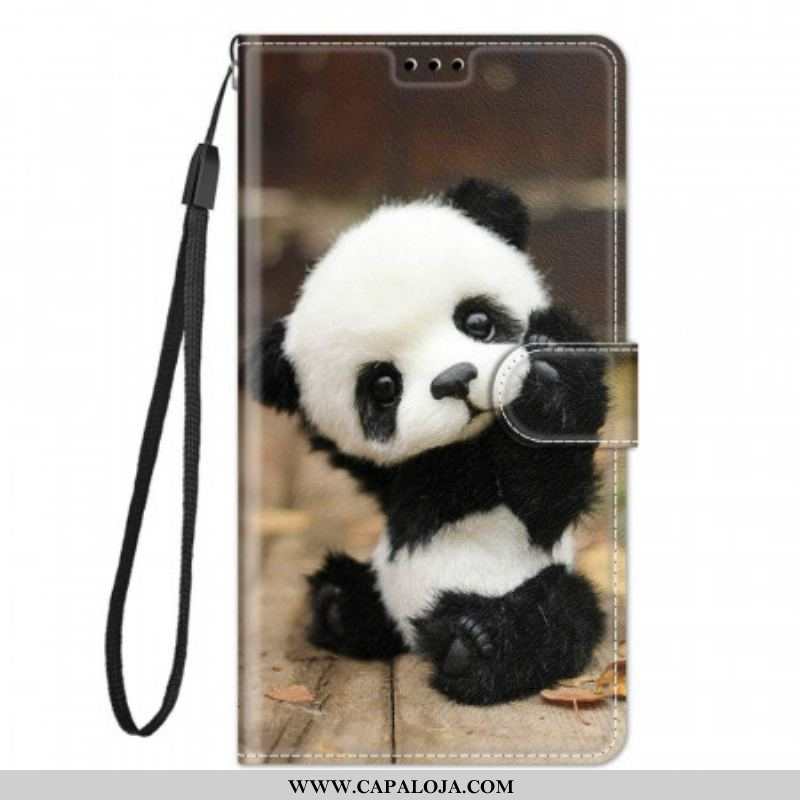 Capa De Couro Para Samsung Galaxy M53 5G De Cordão Pequeno Panda Com Alça