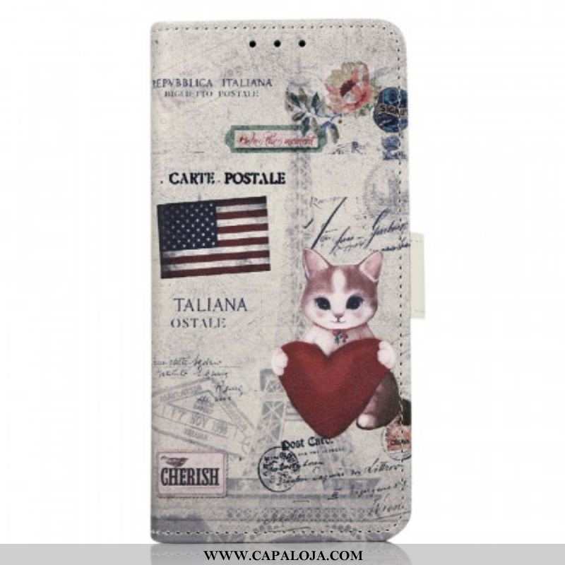 Capa De Couro Para Samsung Galaxy M53 5G Gato Viajante