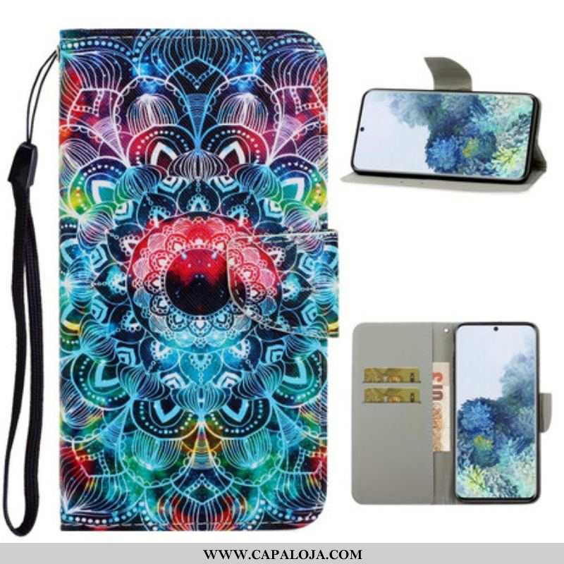 Capa De Couro Para Samsung Galaxy S21 5G De Cordão Mandala De Tiras Chamativas