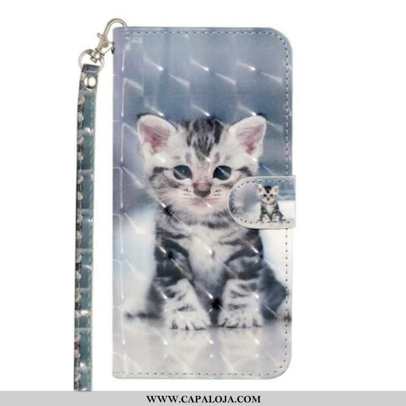 Capa De Couro Para Samsung Galaxy S21 5G De Cordão Pontos De Luz Gatinho Com Alça