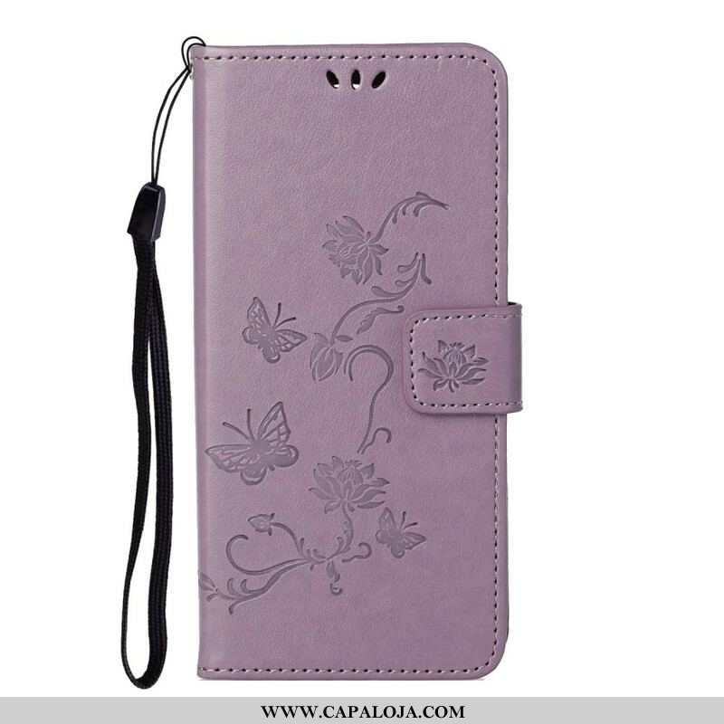 Capa De Couro Para Samsung Galaxy S21 5G De Cordão Tanga Borboletas E Flores