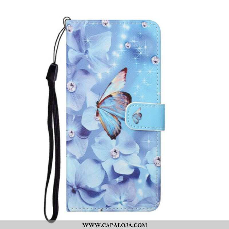 Capa De Couro Para Samsung Galaxy S21 FE De Cordão Borboletas Strappy Diamond