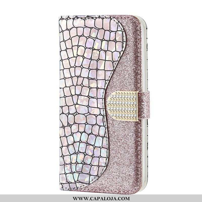 Capa De Couro Para Samsung Galaxy S21 FE Diamantes De Crocodilo