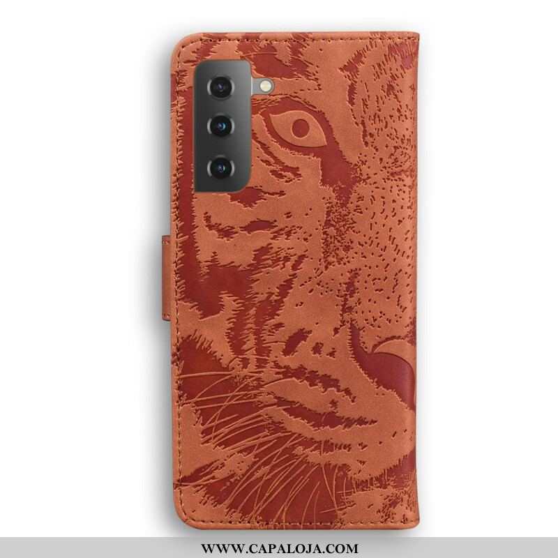 Capa De Couro Para Samsung Galaxy S21 Plus 5G Estampa Cara De Tigre