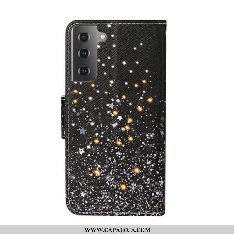 Capa De Couro Para Samsung Galaxy S21 Plus 5G Estrelas E Lantejoulas Com Cordão