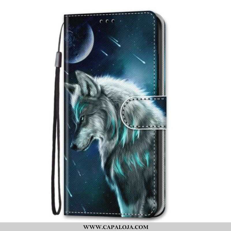 Capa De Couro Para Samsung Galaxy S21 Plus 5G Lobo Sob Uma Chuva De Estrelas