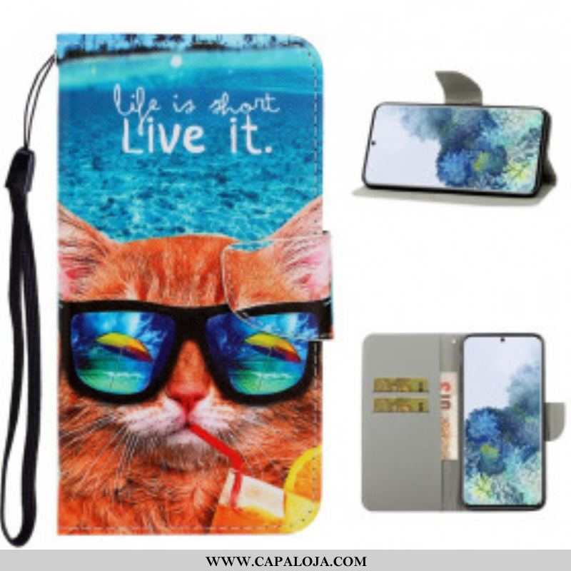 Capa De Couro Para Samsung Galaxy S21 Ultra 5G De Cordão Cat Live It Strappy