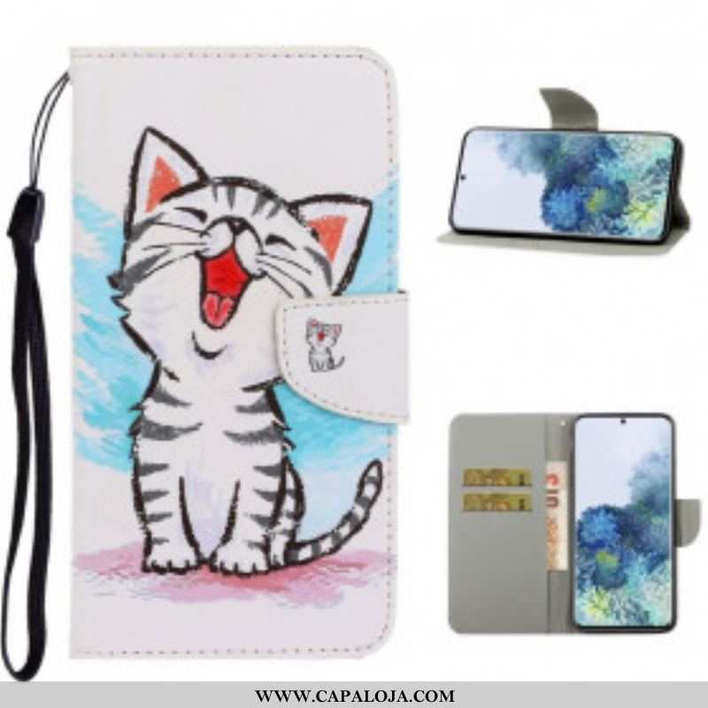 Capa De Couro Para Samsung Galaxy S21 Ultra 5G De Cordão Gatinho Cor Strappy