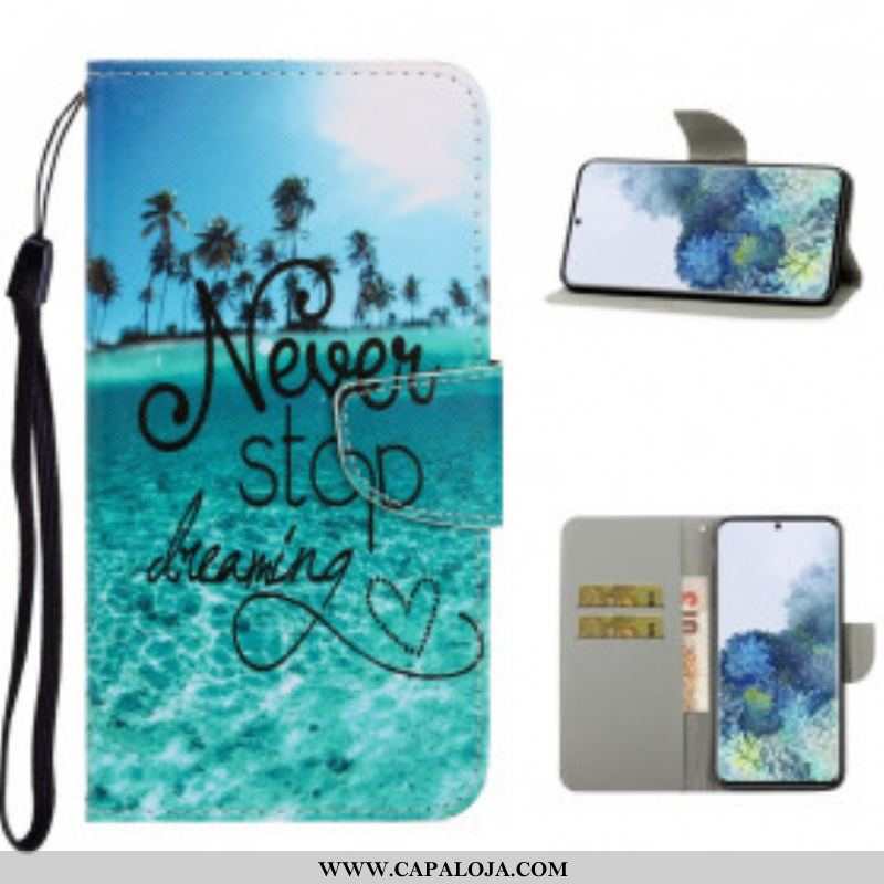 Capa De Couro Para Samsung Galaxy S21 Ultra 5G De Cordão Nunca Pare De Sonhar Com Strappy Navy