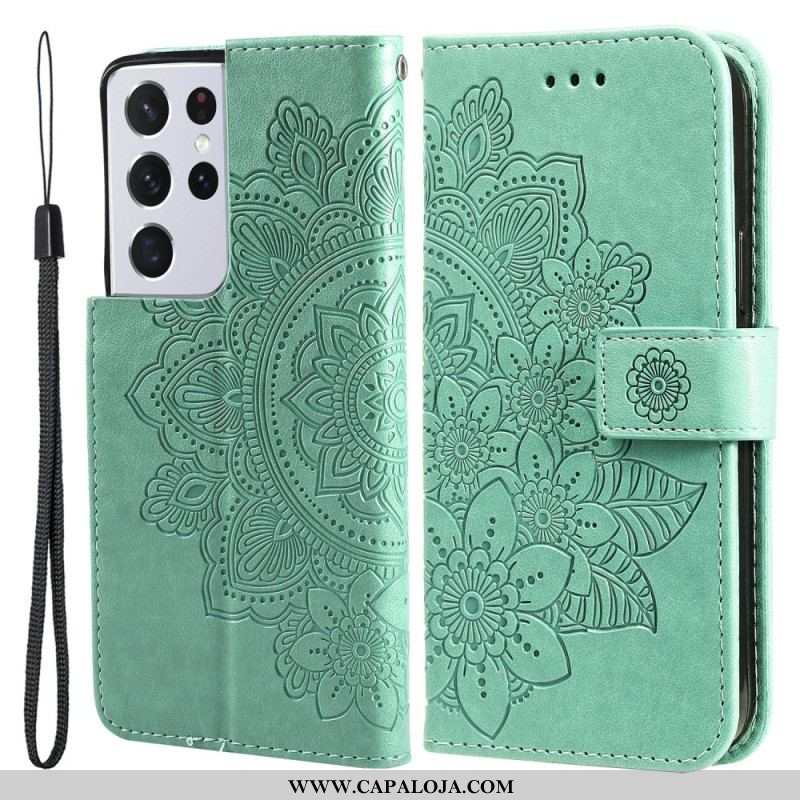 Capa De Couro Para Samsung Galaxy S21 Ultra 5G Flor Mandala