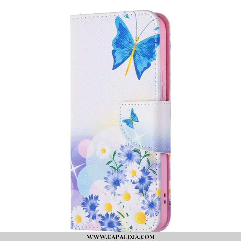 Capa De Couro Para Samsung Galaxy S22 5G Borboletas E Flores Pintadas