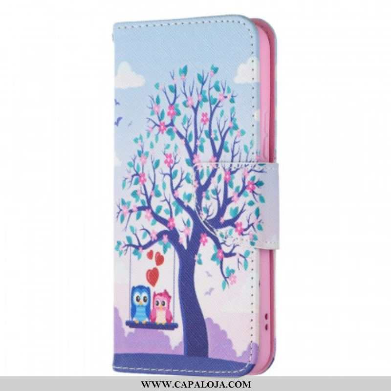 Capa De Couro Para Samsung Galaxy S22 5G Corujas No Balanço