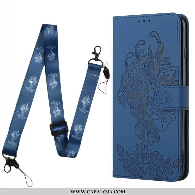 Capa De Couro Para Samsung Galaxy S22 5G De Cordão Tigre Barroco Strappy