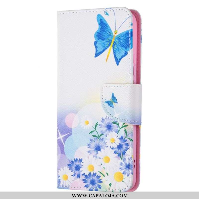 Capa De Couro Para Samsung Galaxy S22 Plus 5G Borboletas E Flores Pintadas