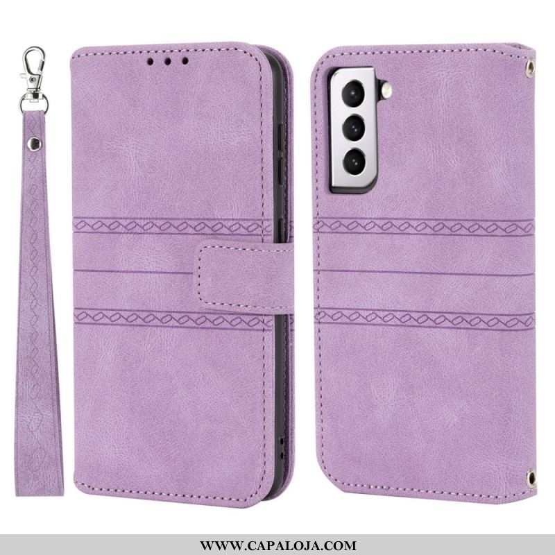 Capa De Couro Para Samsung Galaxy S22 Plus 5G Costuras De Renda